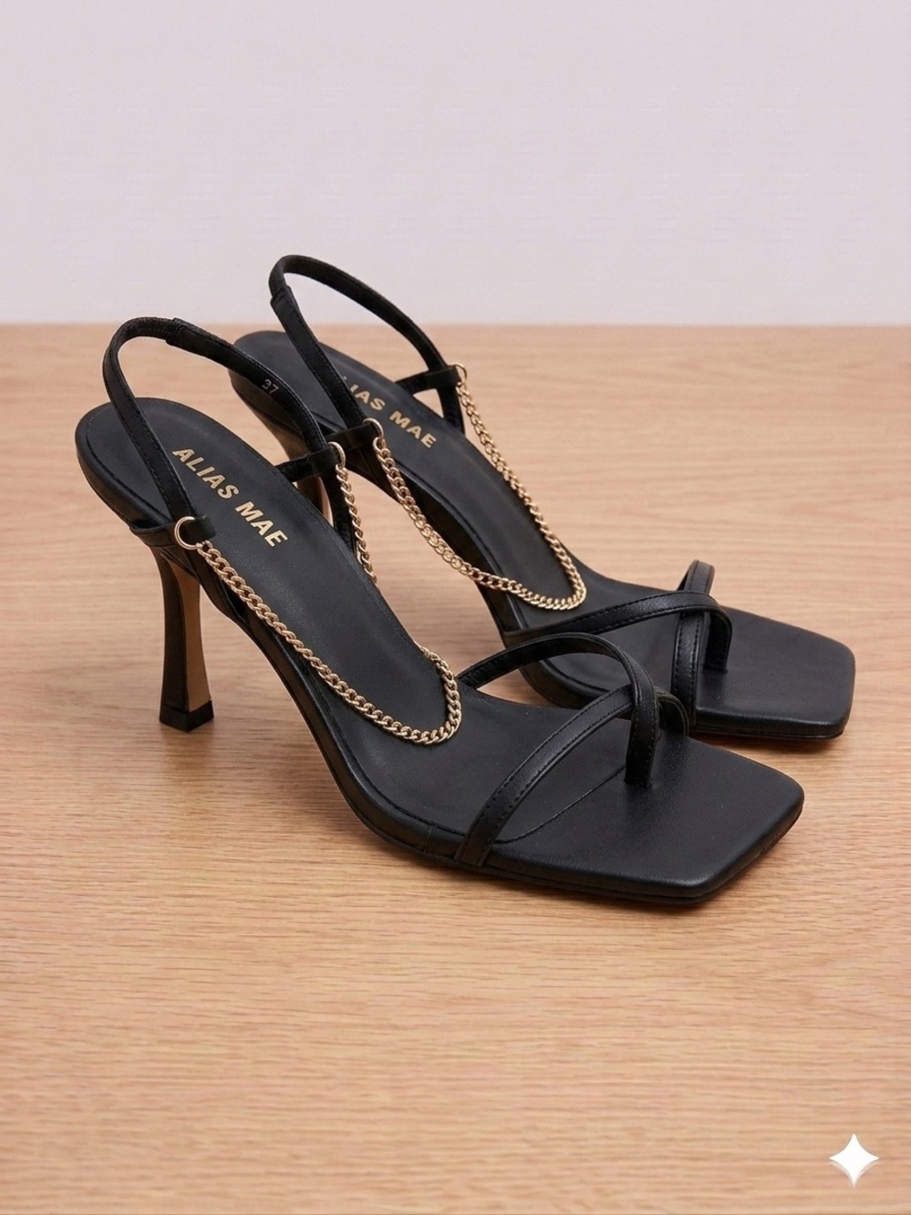 Alias Mae Black Leather Chain Bella Hadid Strappy Sandals Heels Women's Sz 37EU